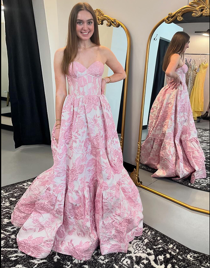 Blue A-Line Sweetheart Floral Ruffle Corset Long Prom Dress