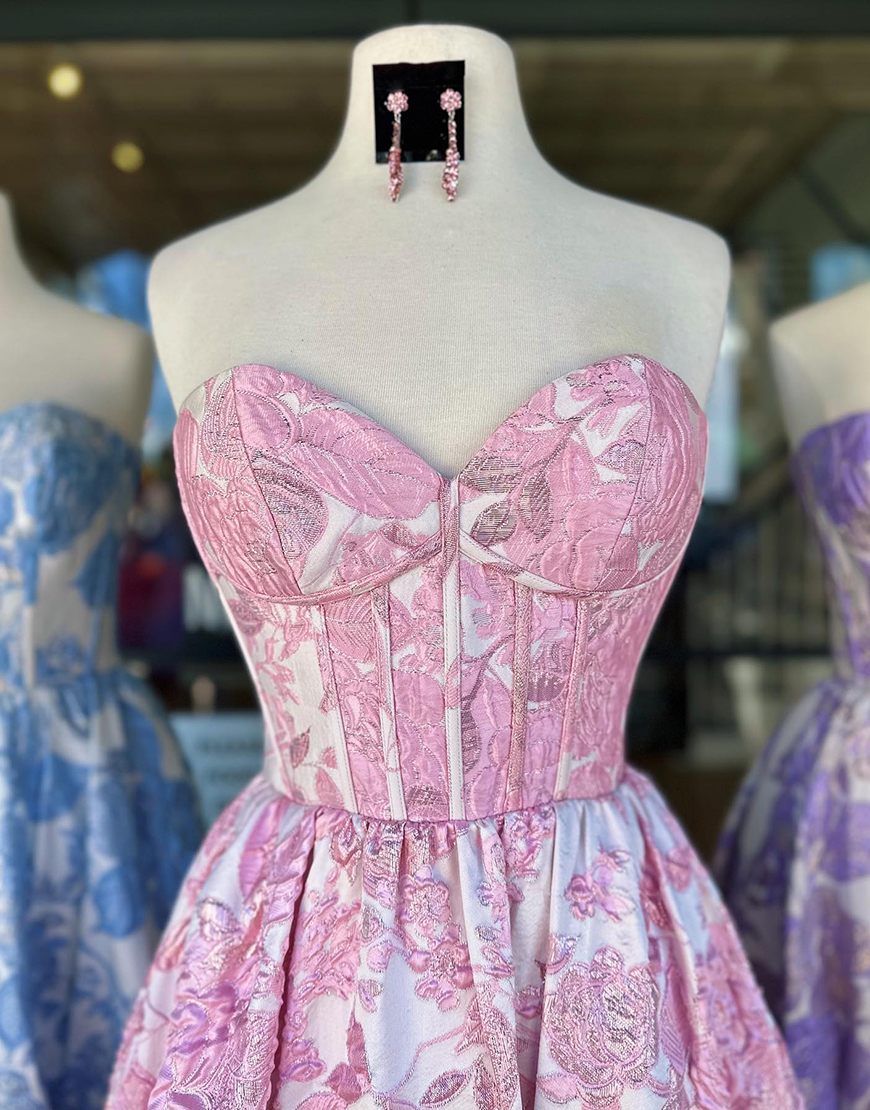 Blue A-Line Sweetheart Floral Ruffle Long Prom Dress