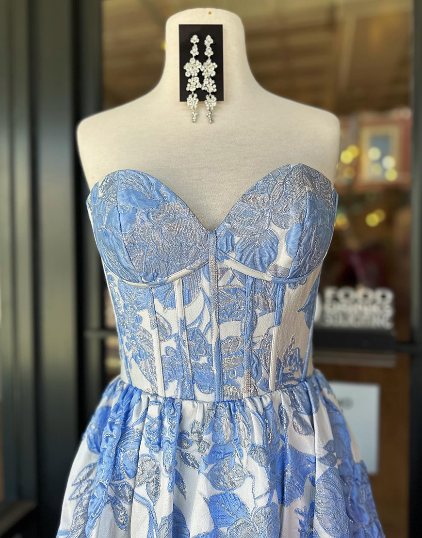 Blue A-Line Sweetheart Floral Ruffle Long Prom Dress