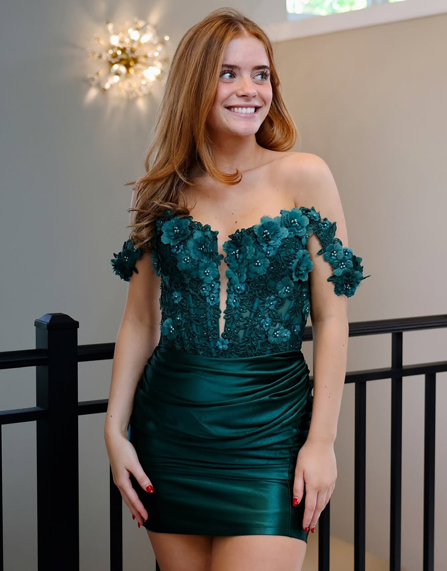 Black Tight Off the Shoulder Flowers Ruched Homecoming Dress