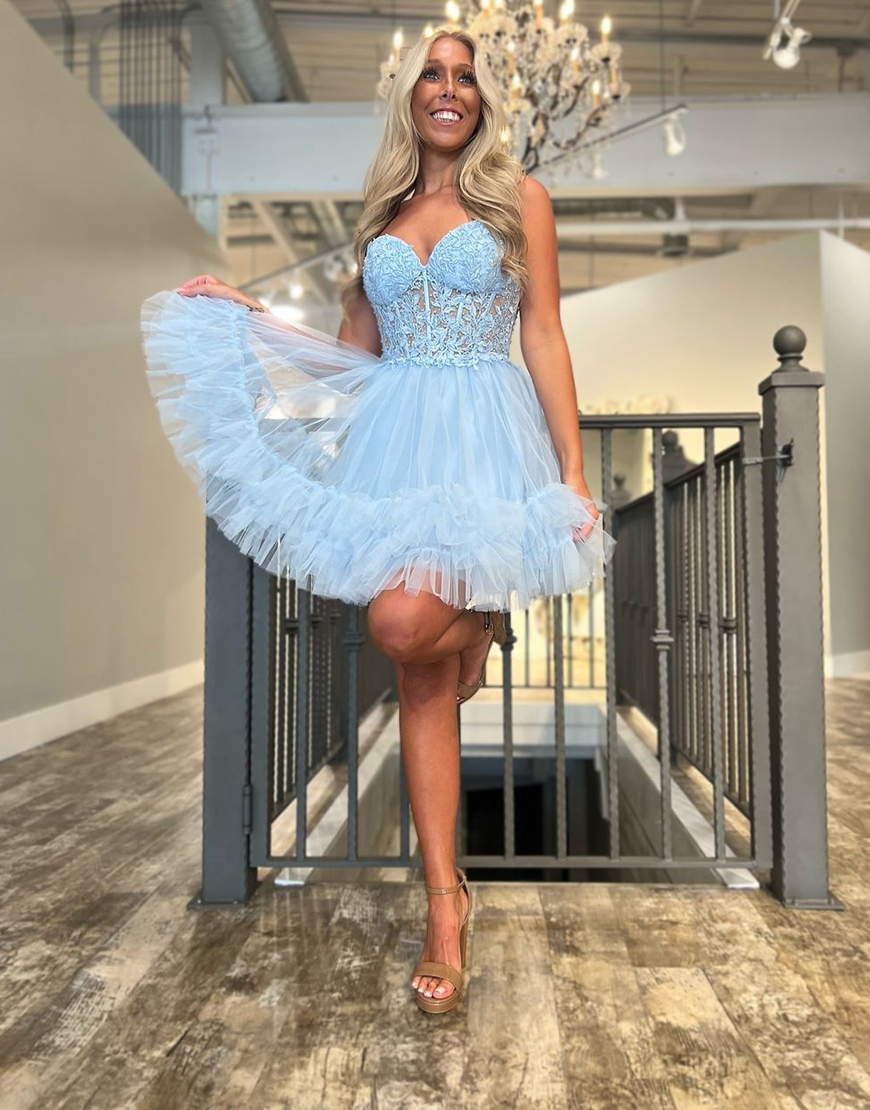 Sparkly Black A-Line Beaded Strapless Ruffled Homecoming Dress with Appliques