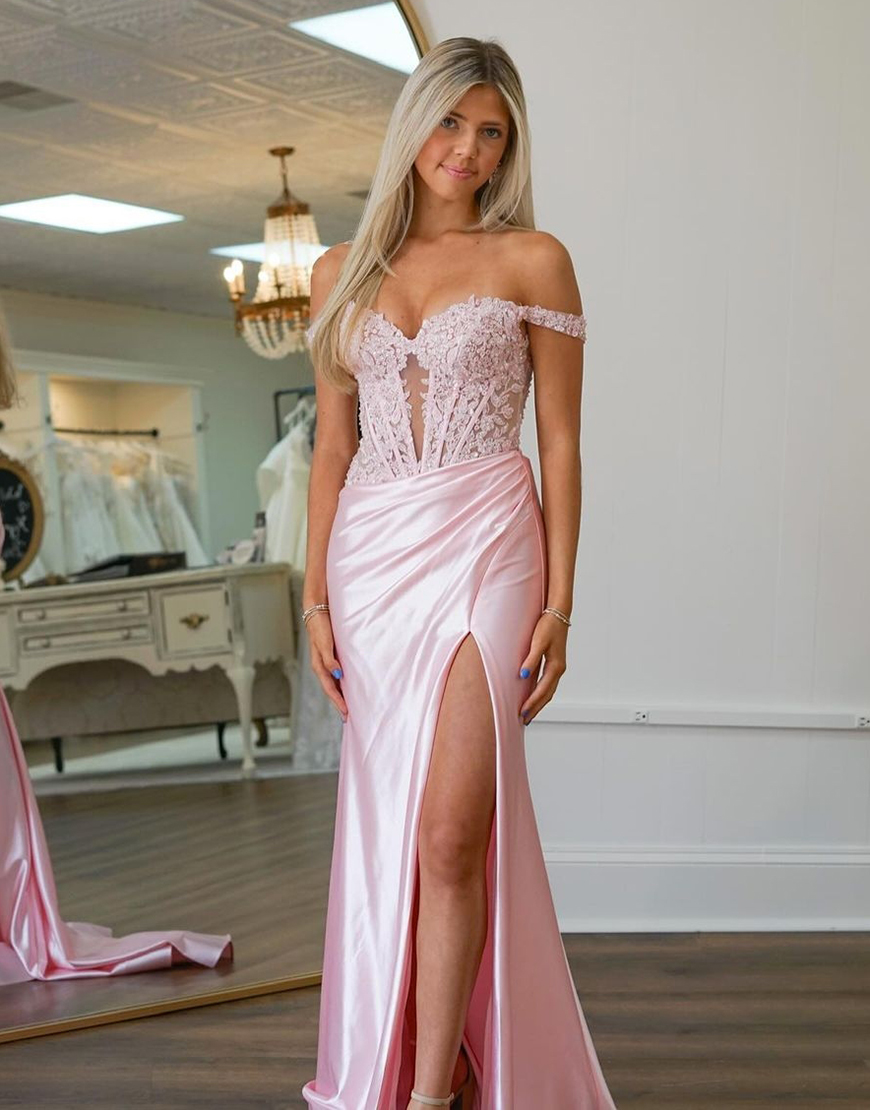 Sparkly Blush Mermaid Off the Shoulder Corset Appliques Long Prom Dress with Slit