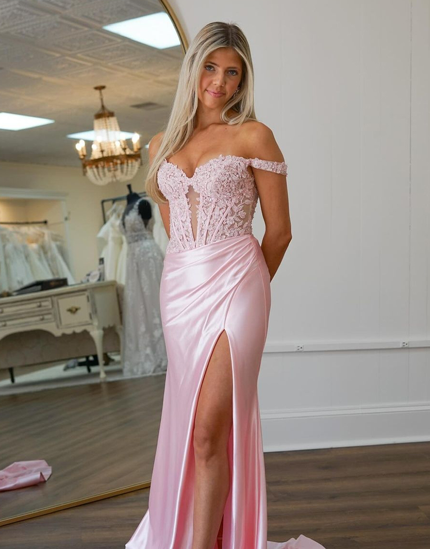 Sparkly Blush Mermaid Off the Shoulder Corset Appliques Long Prom Dress with Slit