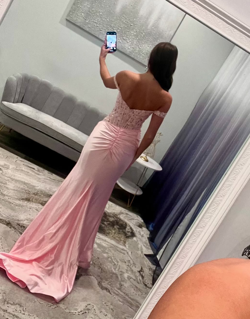 Glitter Blush Mermaid Off the Shoulder Corset Appliques Long Prom Dress with Slit