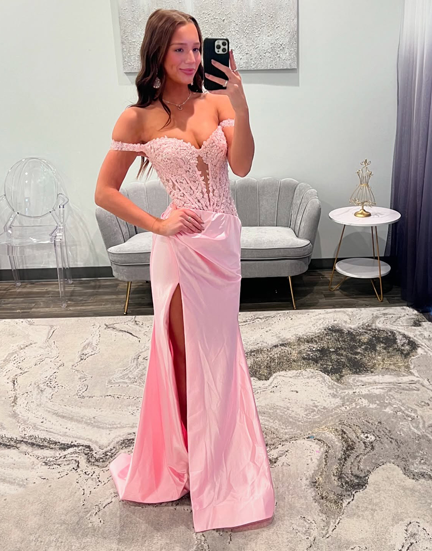 Glitter Blush Mermaid Off the Shoulder Corset Appliques Long Prom Dress with Slit