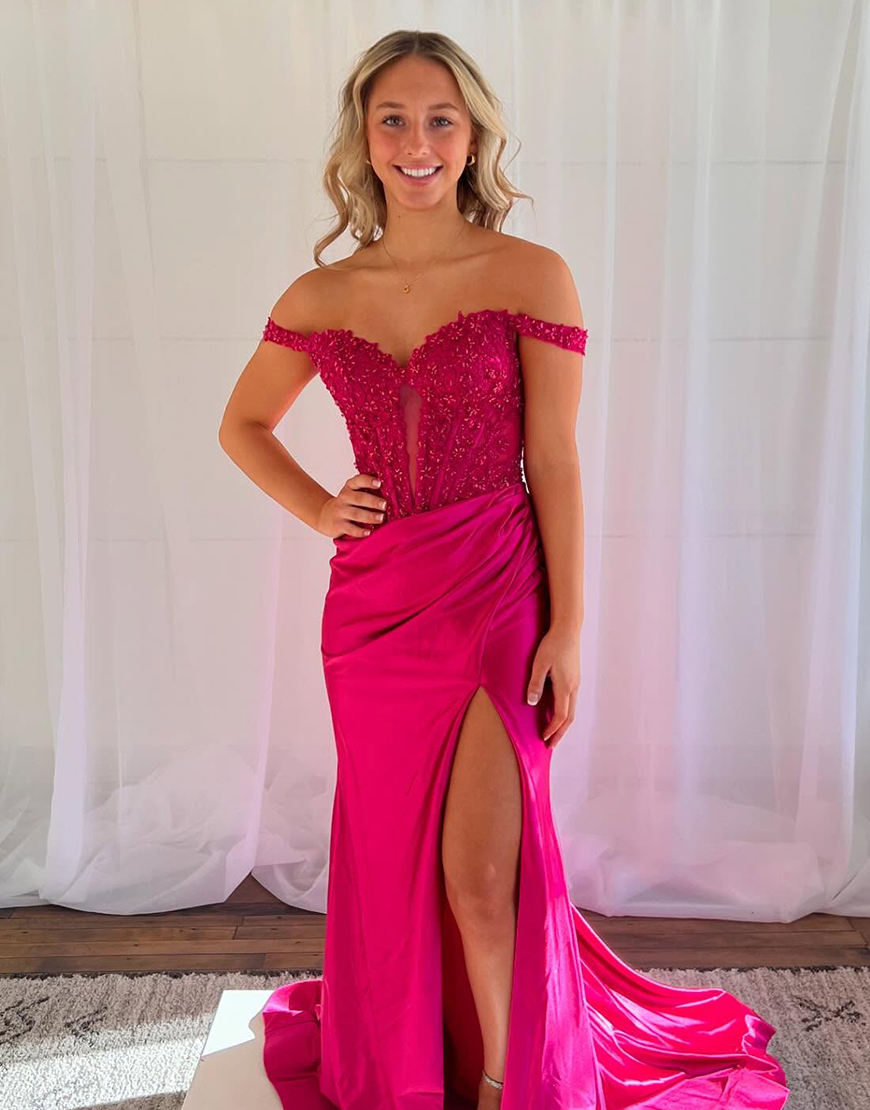 Sparkly Blush Mermaid Off the Shoulder Corset Appliques Long Prom Dress with Slit