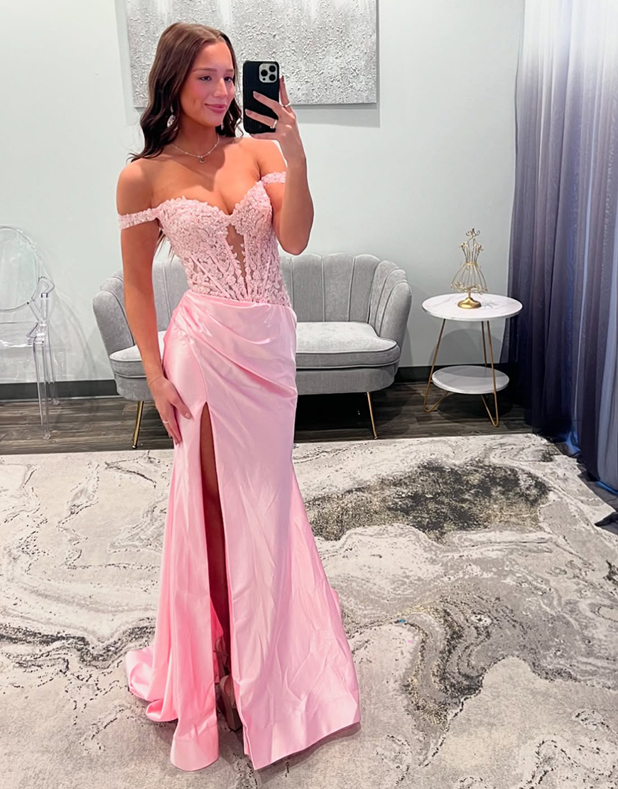 Glitter Blush Mermaid Off the Shoulder Corset Appliques Long Prom Dress with Slit