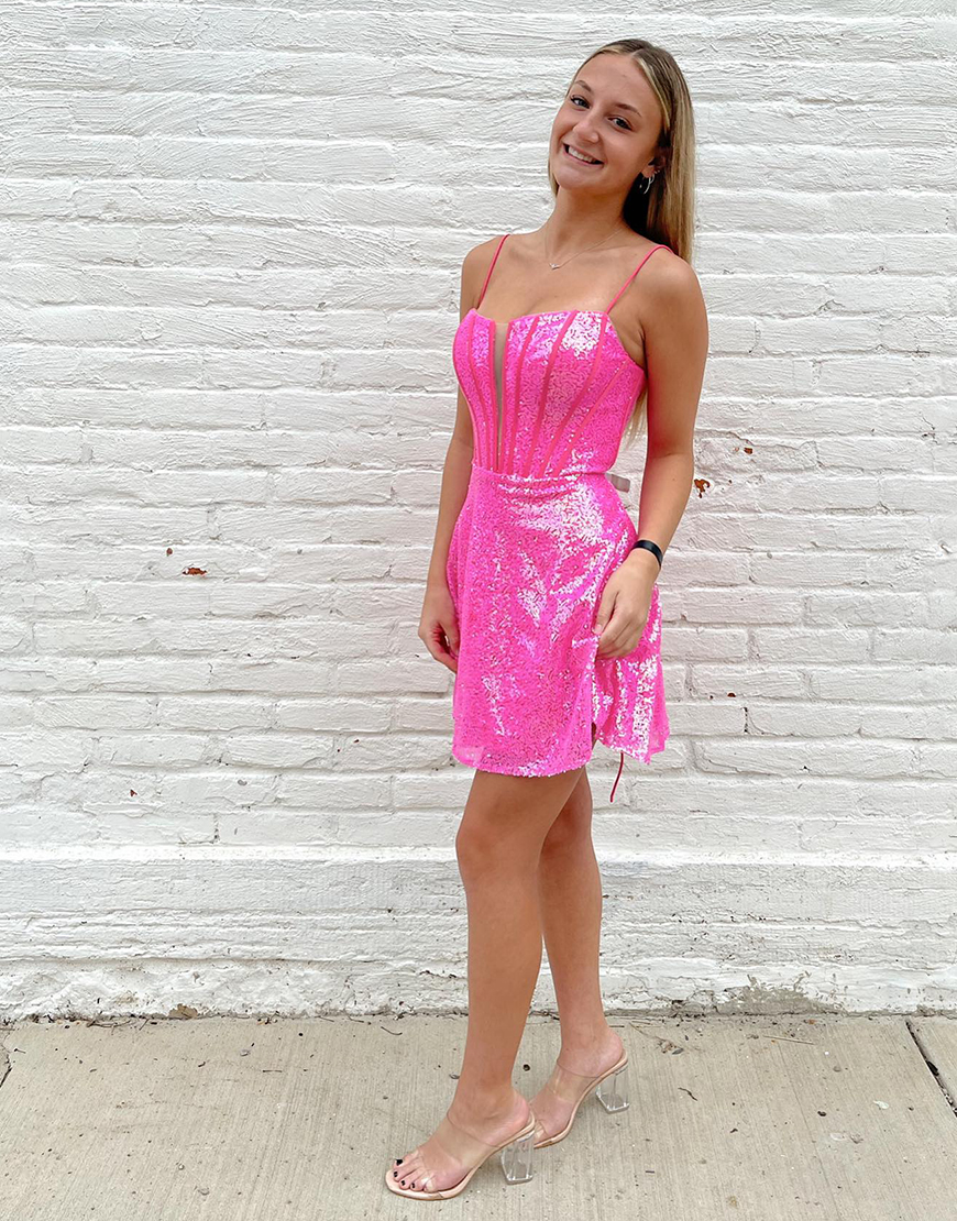 Sparkly Fuchsia A-Line Corset Spaghetti Straps Sequins Homecoming Dress