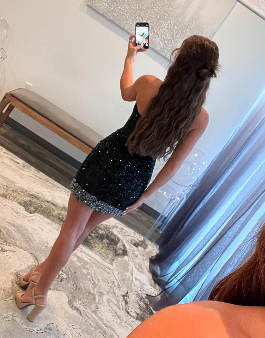 Sparkly Black Sequins Strapless Corset Homecoming Dress