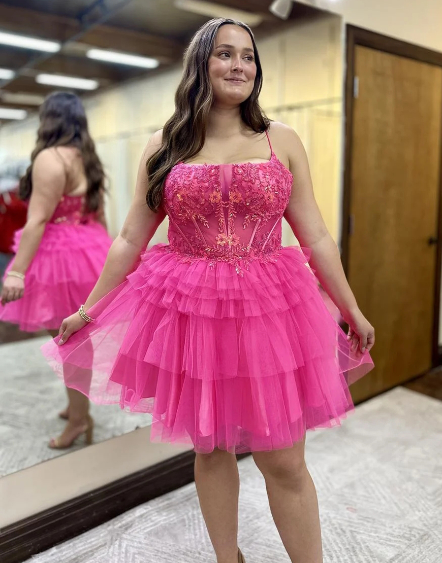 Sparkly Hot Pink A-Line Appliques Tiered Tulle Spaghetti Straps Corset Homecoming Dress
