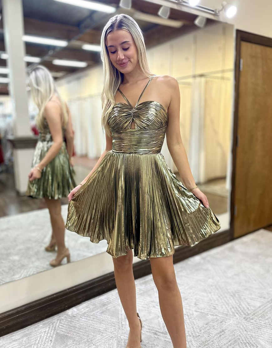 Metallic Gold A-Line Halter Pleated Homecoming Dress