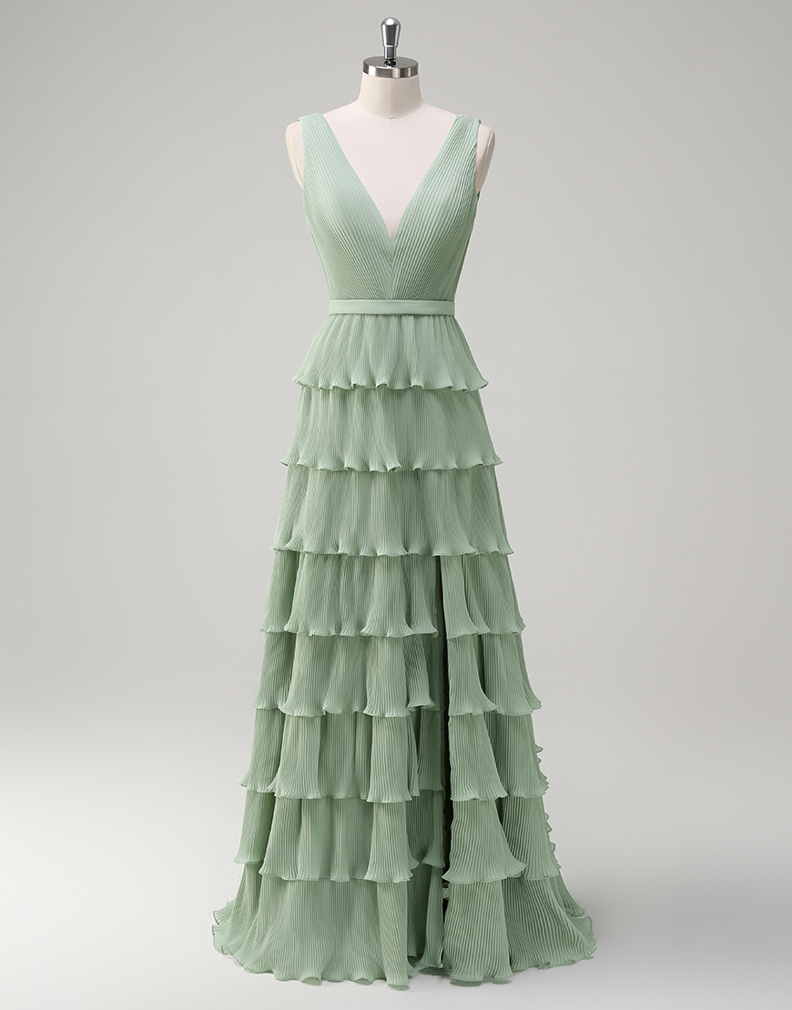 Dusty Sage A-Line V Neck Ruffles Chiffon Long Prom Dress with Slit