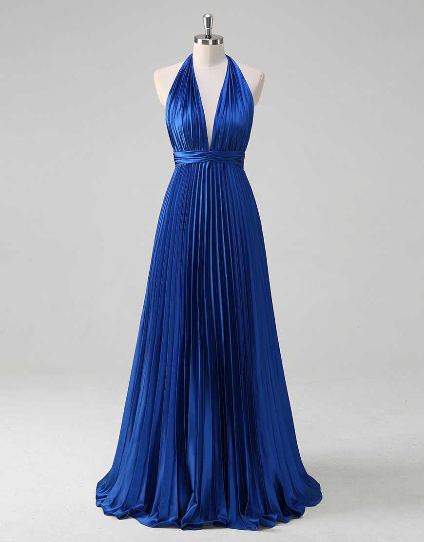 Metallic Royal Blue A-Line Halter Ruched Long Prom Dress