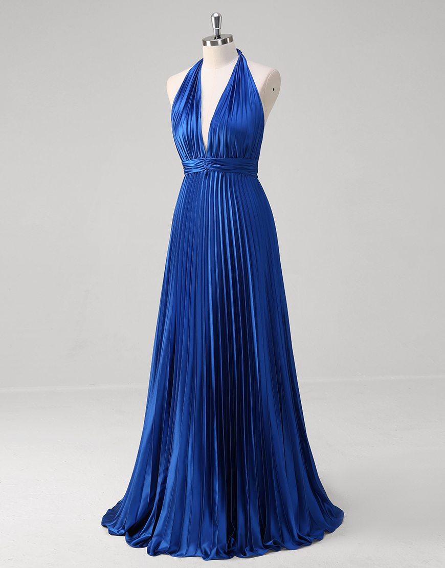 Metallic Royal Blue A-Line Halter Ruched Long Prom Dress
