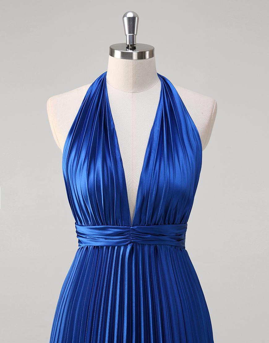 Metallic Royal Blue A-Line Halter Ruched Long Prom Dress