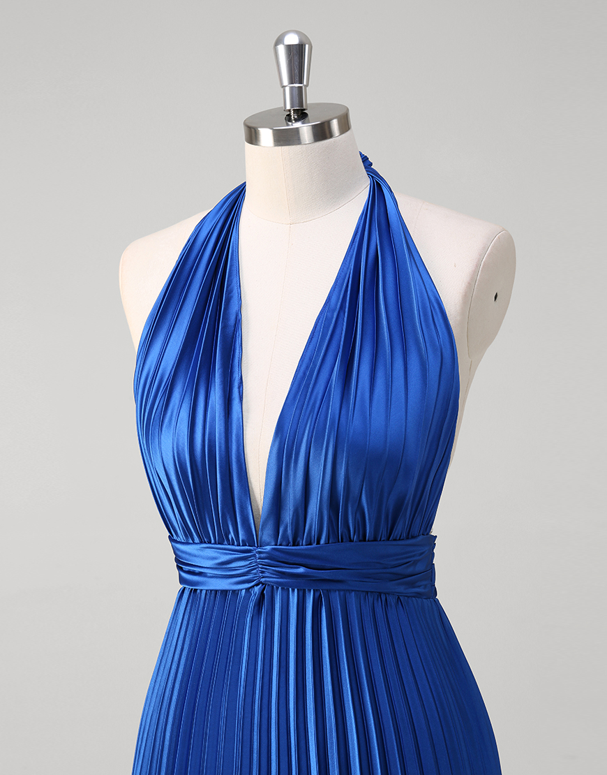 Metallic Royal Blue A-Line Halter Ruched Long Prom Dress