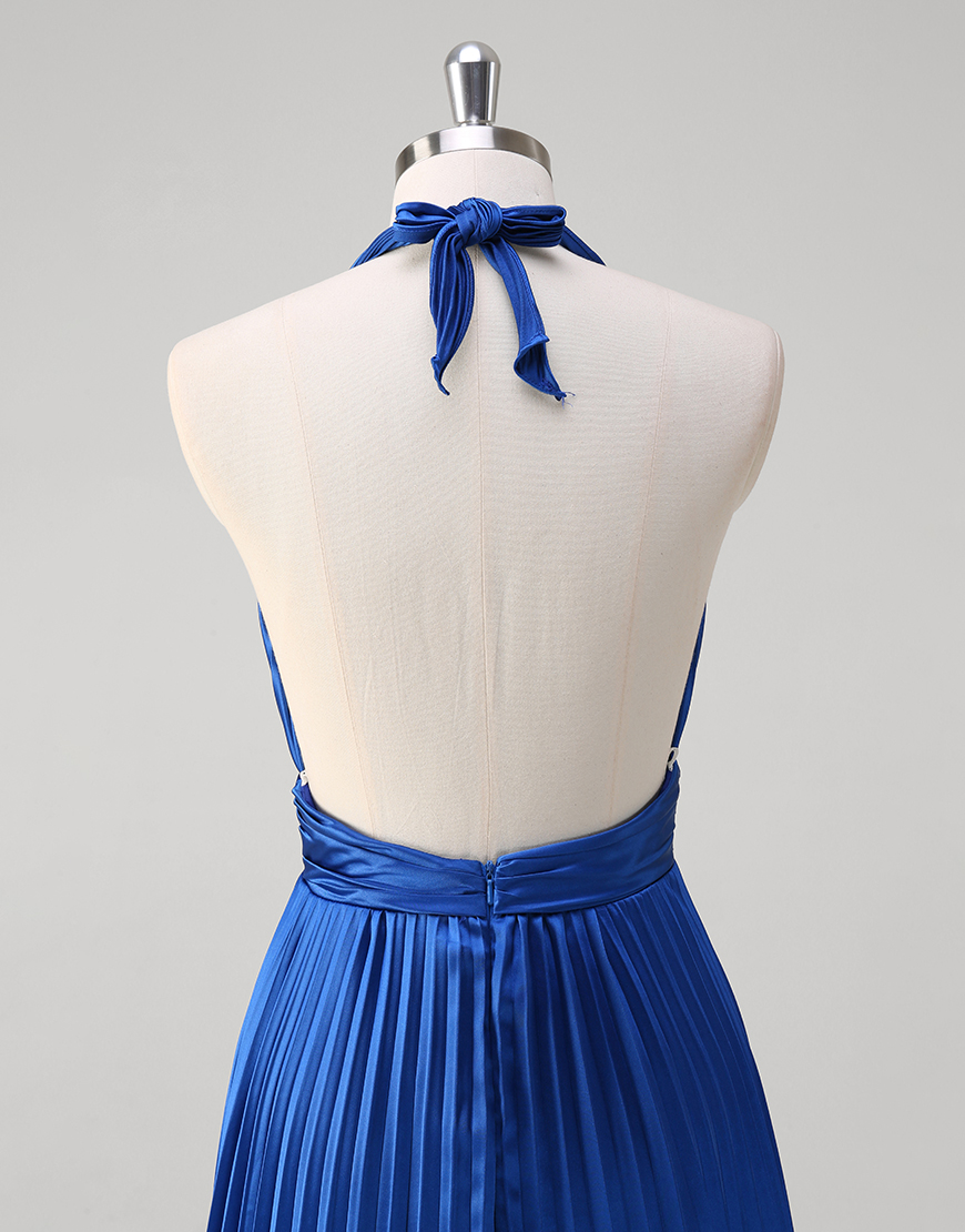 Metallic Royal Blue A-Line Halter Ruched Long Prom Dress