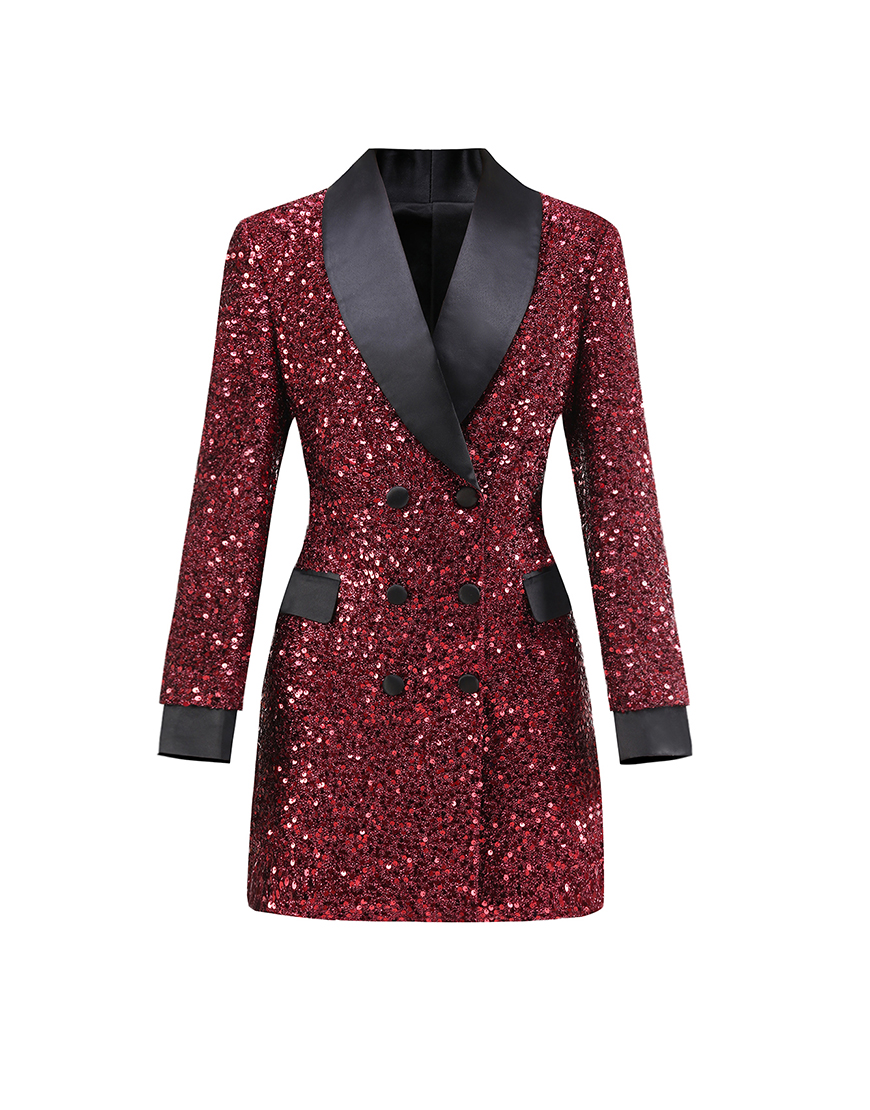 Sparky Burgundy Sequins Shawl Lapel Women Party Blazer