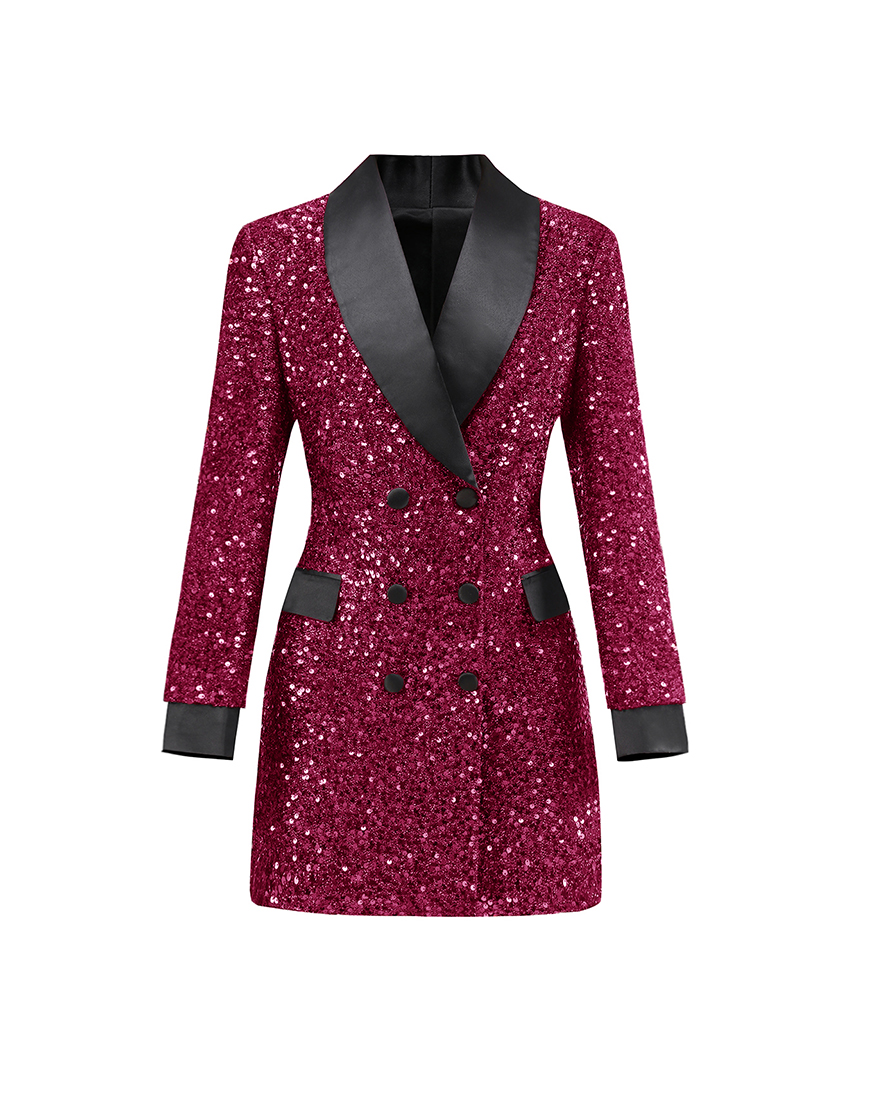 Sparky Burgundy Sequins Shawl Lapel Women Party Blazer