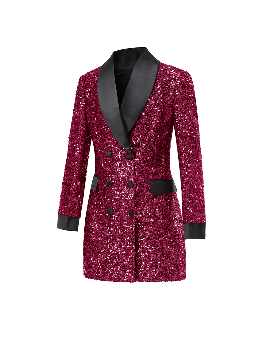 Sparky Burgundy Sequins Shawl Lapel Women Party Blazer