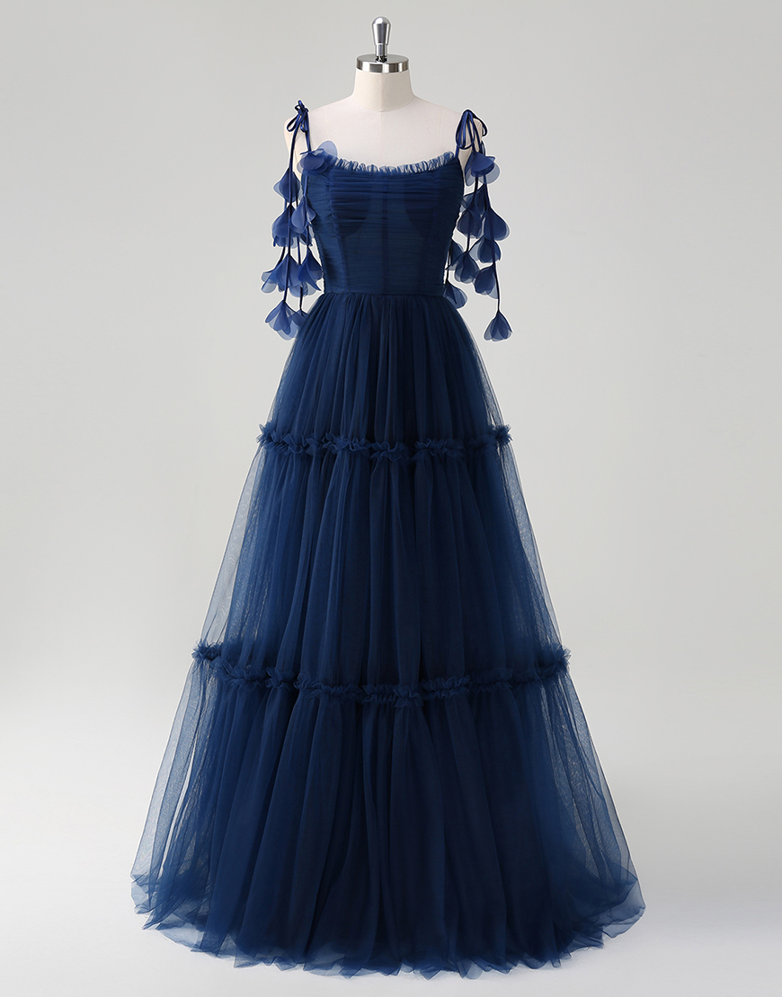 Navy A-Line Spaghetti Straps Flowers Corset Ruffles Tulle Long Prom Dress