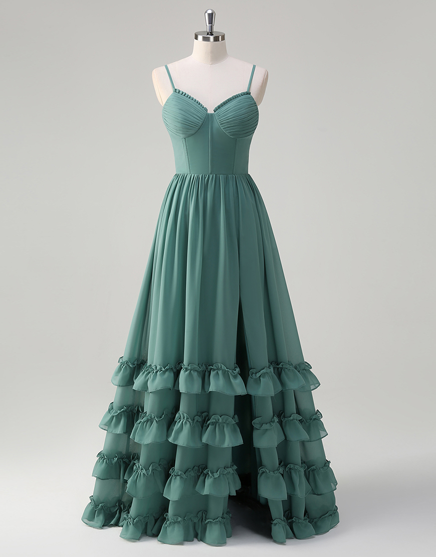Eucalyptus A-Line Spaghetti Straps Corset Ruffles Chiffon Long Prom Dress with Slit