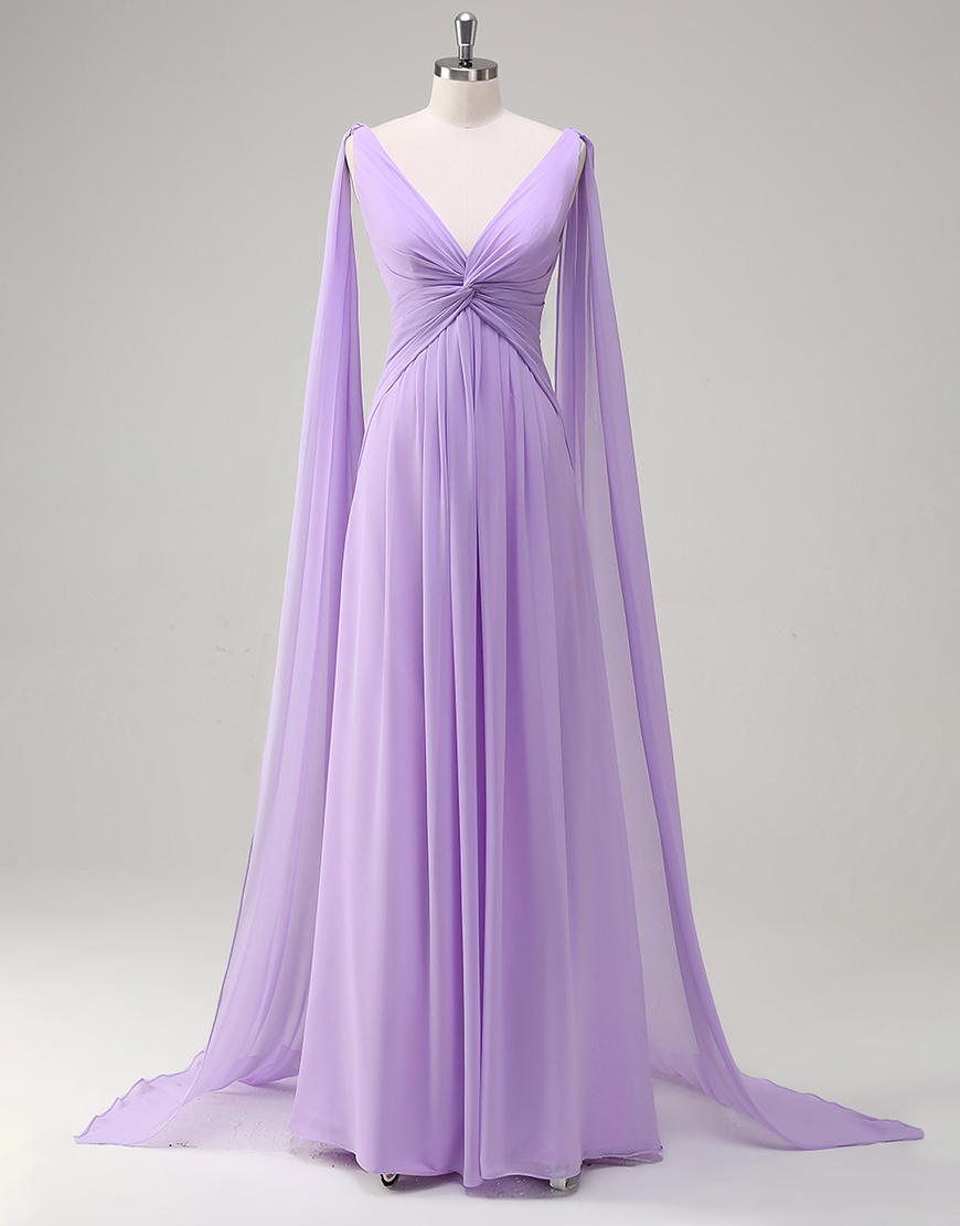 A-Line Lilac V-Neck Ruched Long Prom Dress with Chiffon Streamer