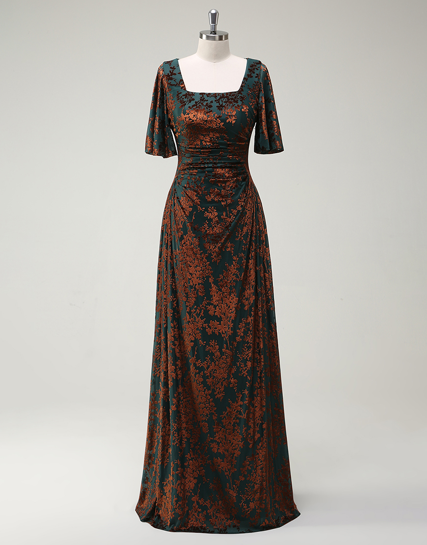 Sparkly Dark Green A-Line  Square Neck Floral Pattern Long Prom Dress
