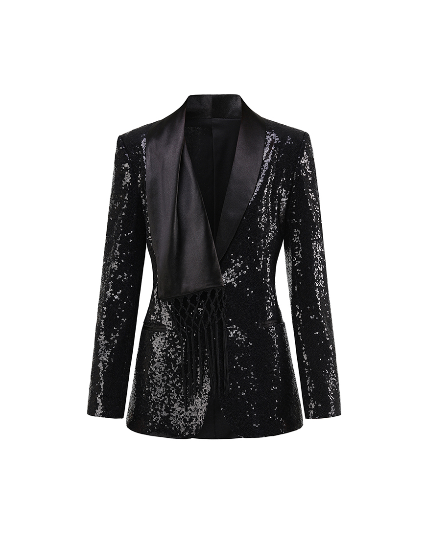 Sparkly Black Sequins Shawl Lapel Fringes Women Party Blazer