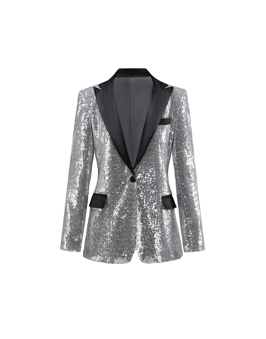 Sparkly Silver Black Peak Lapel Sequins Women Party Blazer