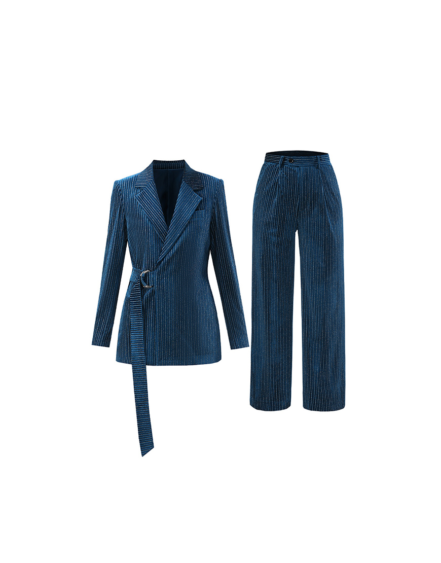 Peacock Blue Notched Lapel Stripes 2 Pieces Women Party Suits with Belt
