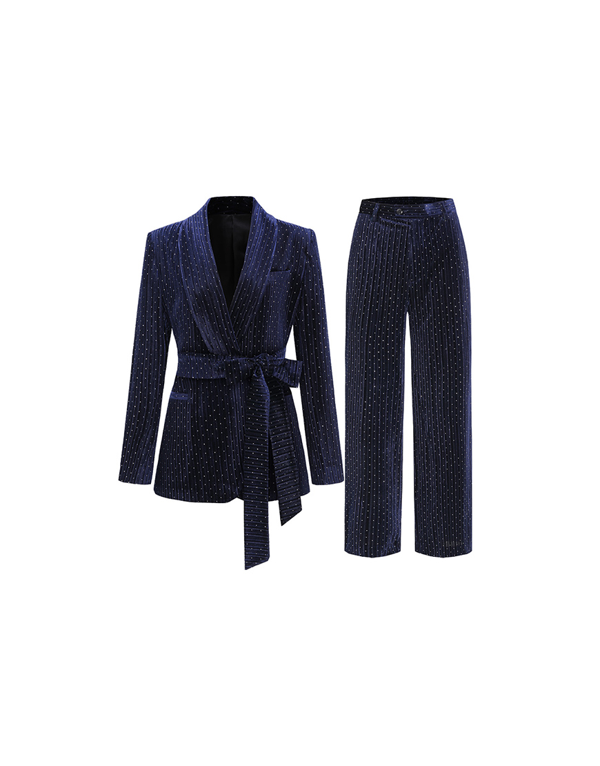 Navy Shawl Lapel Dots 2 Pieces Women Party Suits with Belts