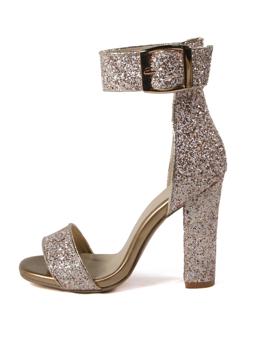 Sparkly Golden Open Toe Ankle Buckle Chunky High Heels