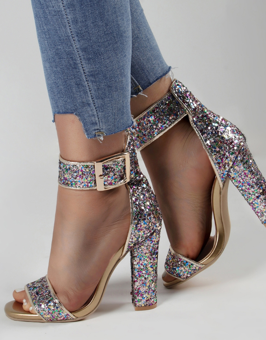 Sparkly Golden Open Toe Ankle Buckle Chunky High Heels
