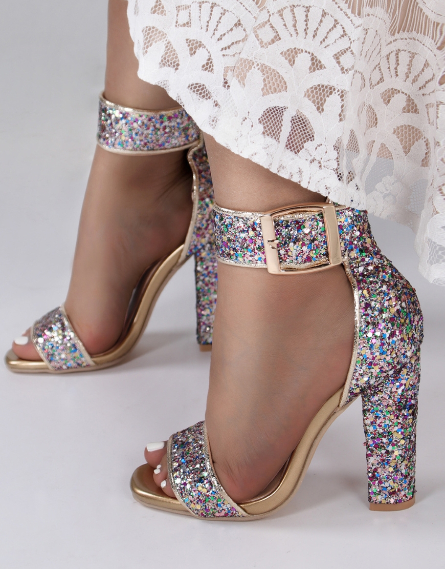Sparkly Golden Open Toe Ankle Buckle Chunky High Heels