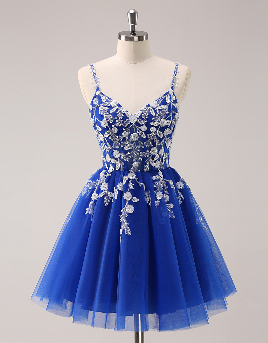 Sparkly Royal Blue A-Line Spaghetti Straps Tulle Homecoming Dress with Appliques