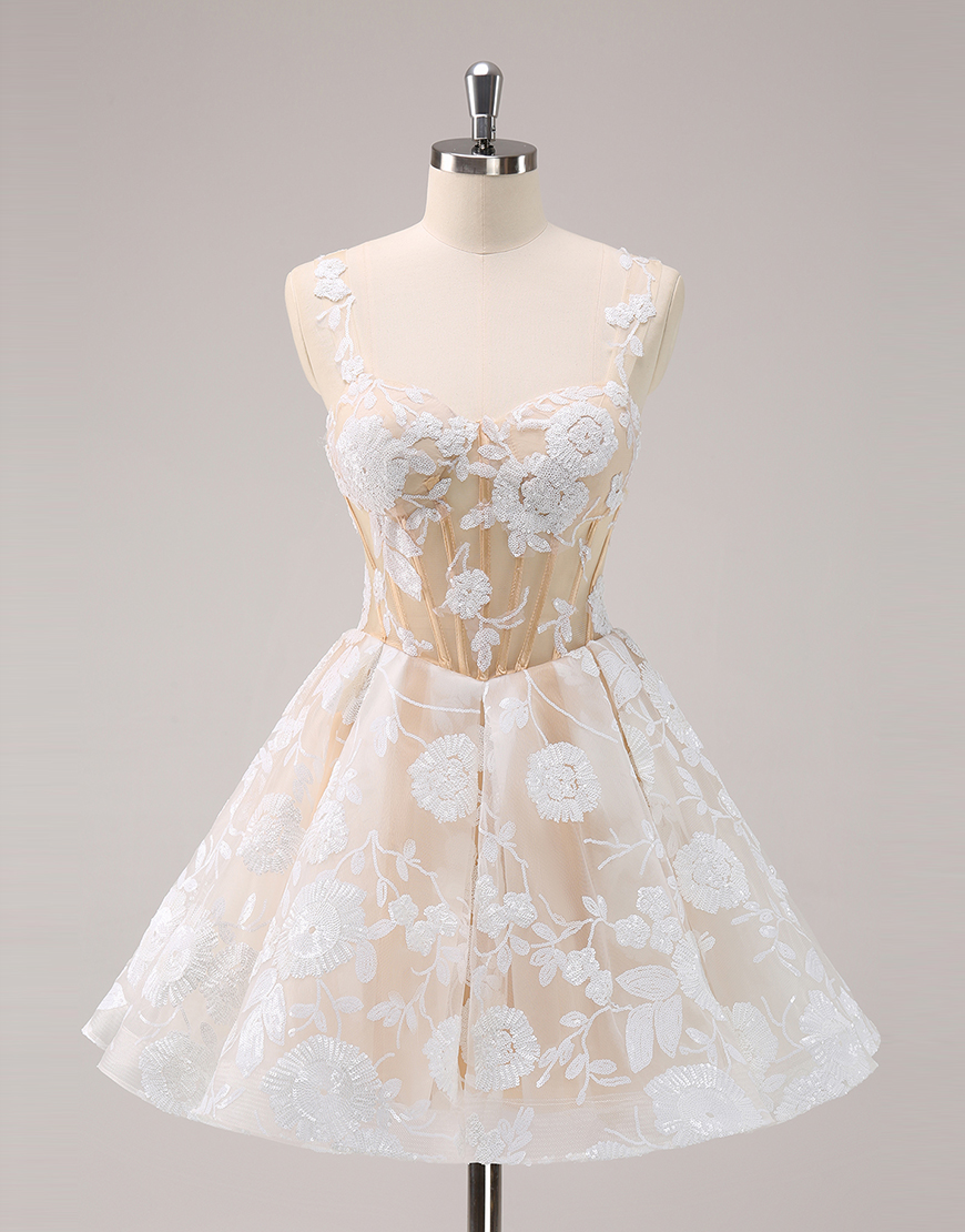 Sparkly White A-Line Sequined Embroidery Tulle Homecoming Dress