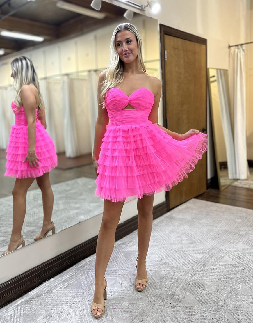 Fuchsia A-Line Tiered Strapless Hollow Out Tulle Homecoming Dress