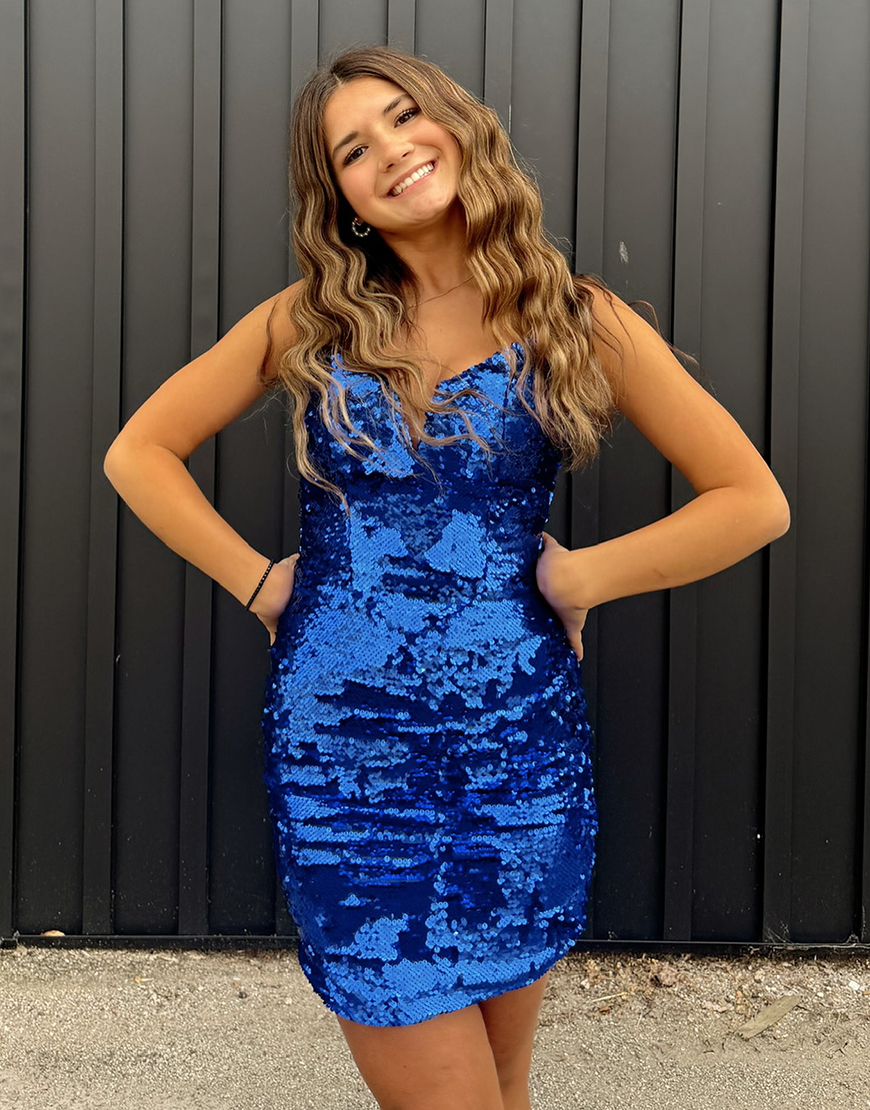 Sparky Royal Blue Tight Sequins V Neck Homecoming Dress