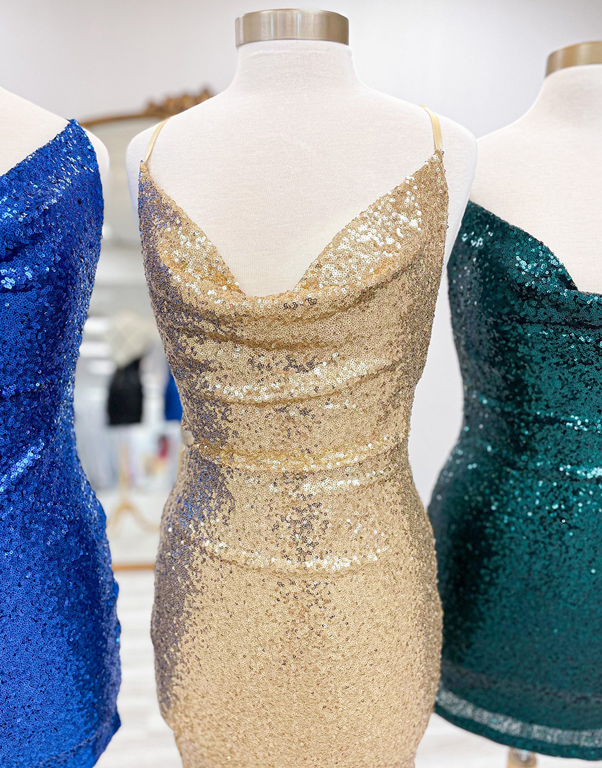 Sparkly Gold Tight Sequins Cowl Neck Homecoming Dress