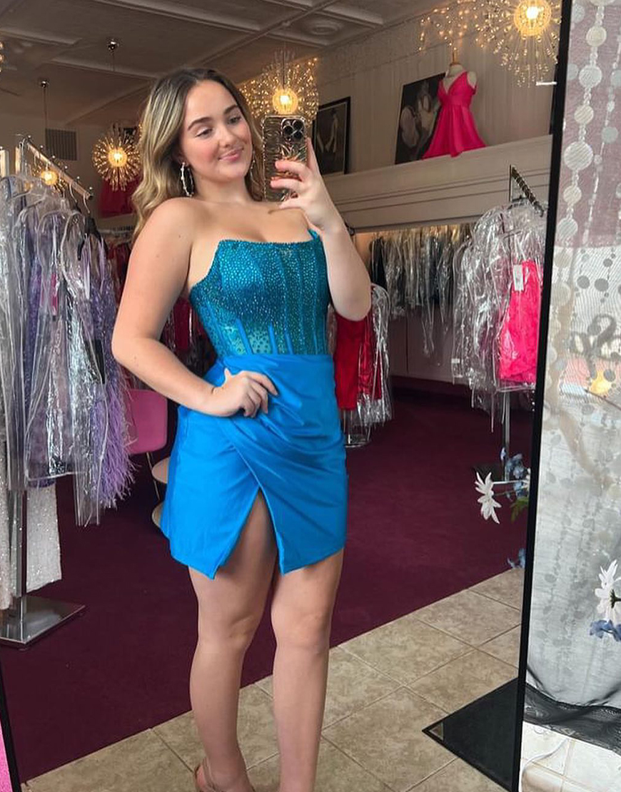 Sparkly Blue Corset Tight Beaded Homecoming Dress with Slit