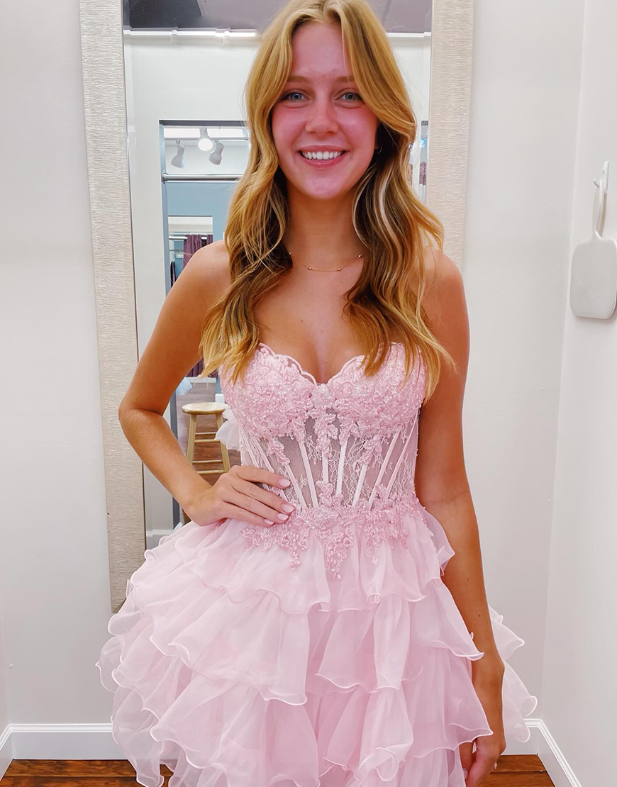 Sparkly Pink Strapless A-Line Corset Beaded Appliques Tiered Homecoming Dress