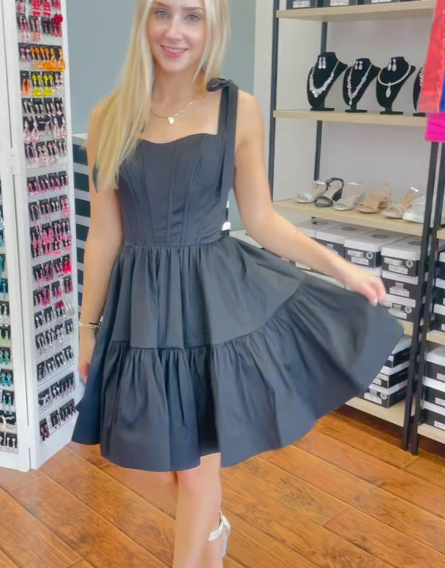 Black A-Line Ruffle Corset Homecoming Dress with Bow