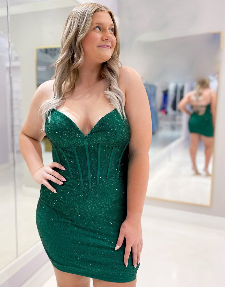 Sparkly Dark Green Beaded Tight Corset Spaghetti Straps Homecoming Dress