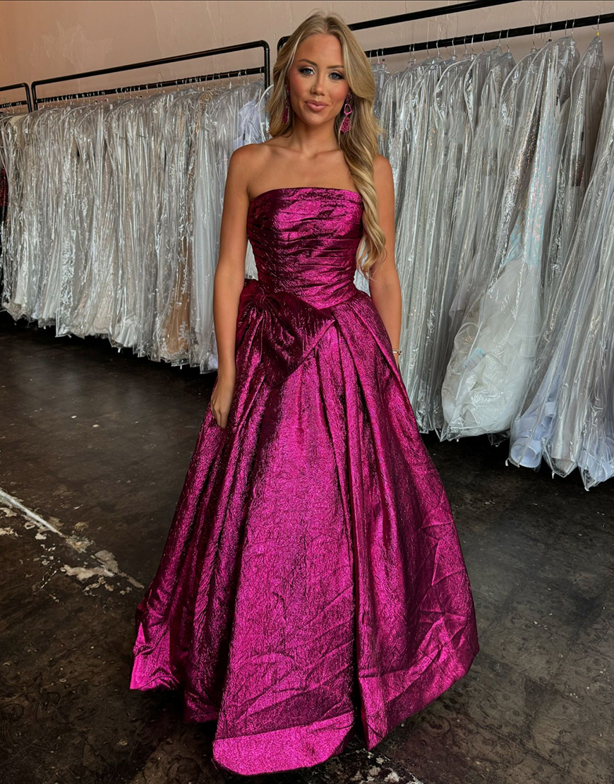 Metallic Fuchsia A-Line Strapless Ruched Long Prom Dress with Bow
