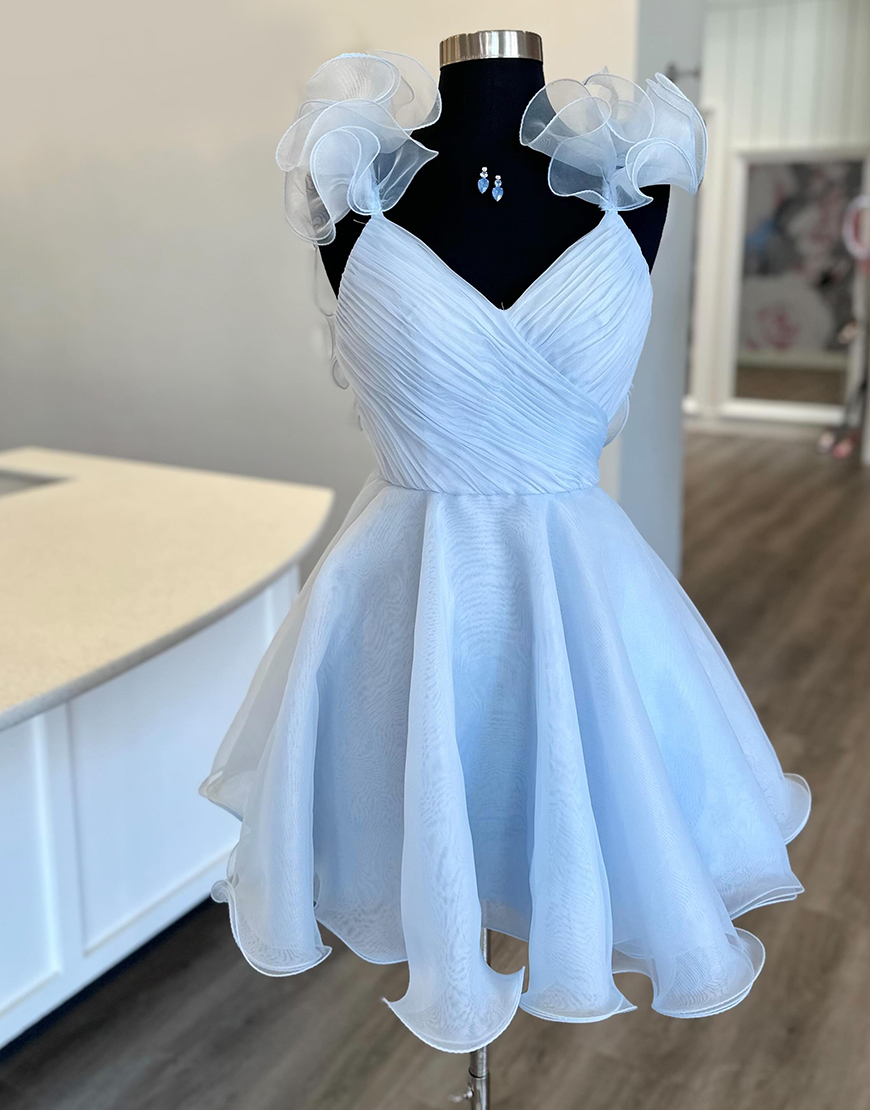Light Blue A-Line Ruffle Tulle Ruched Homecoming Dress