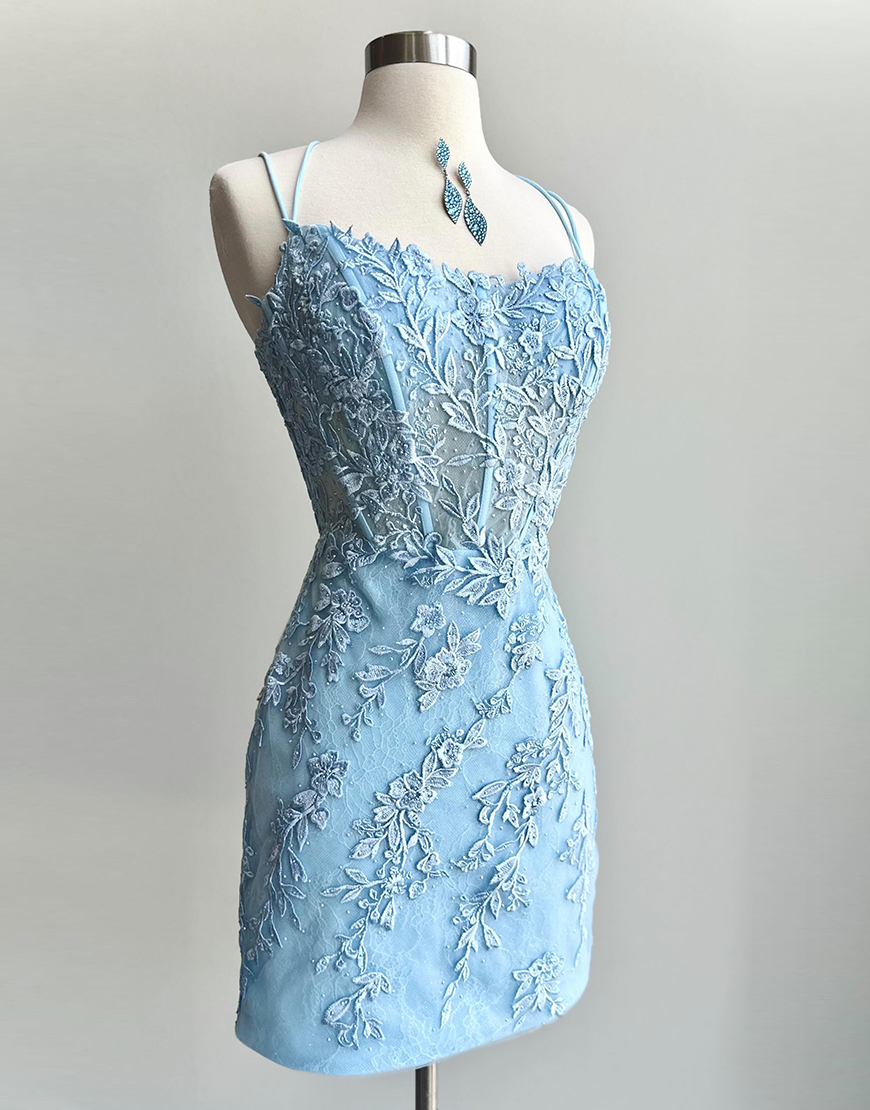Sparky Light Blue Tight Beaded Appliques Corset Spaghetti Straps Homecoming Dress