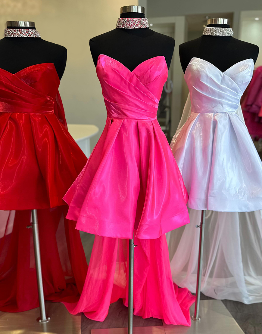 Sparkly Fuchsia A-Line Strapless Ruched Homecoming Dress with Detachable Train