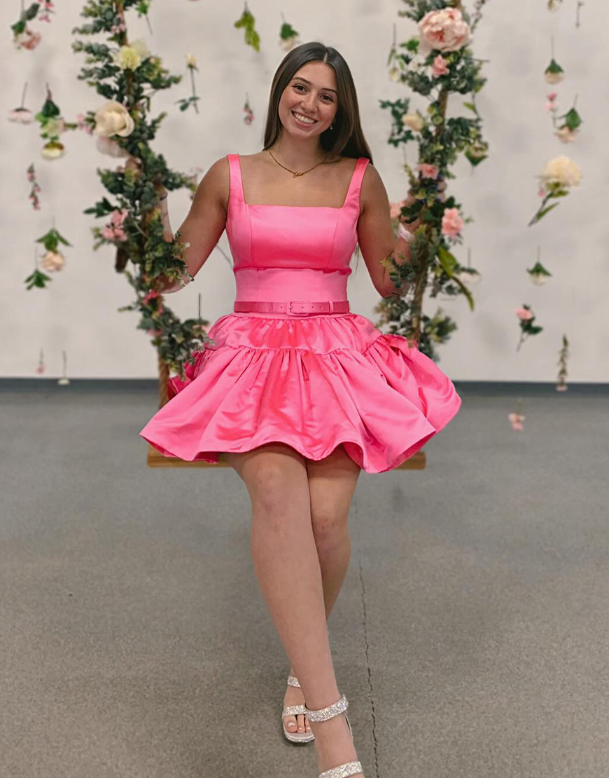 Hot Pink A-Line Square Neck Ruffle Homecoming Dress with Belt