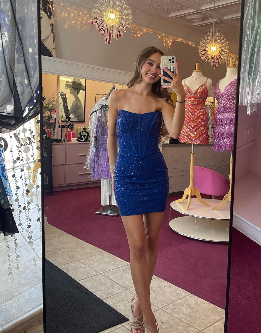 Sparkly Navy Strapless Beaded Corset Tight Homecoming Dress